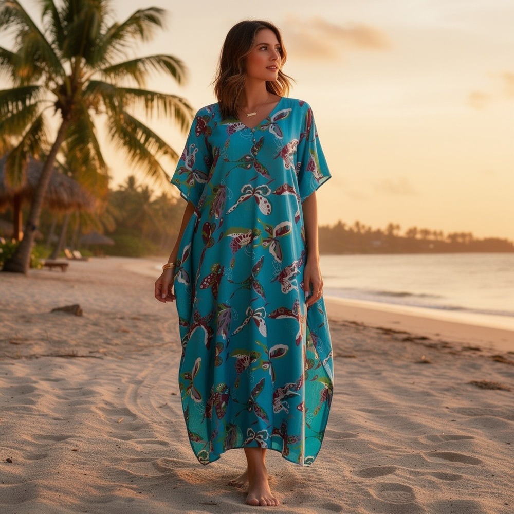 Thai Silk Butterfly Kaftan Lounger Dress Turquoise OS Smithsonian Institution